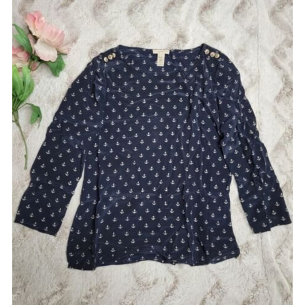 J Crew 100% Silk Button Shoulder Accent Anchor Print Blouse‎ Size 0